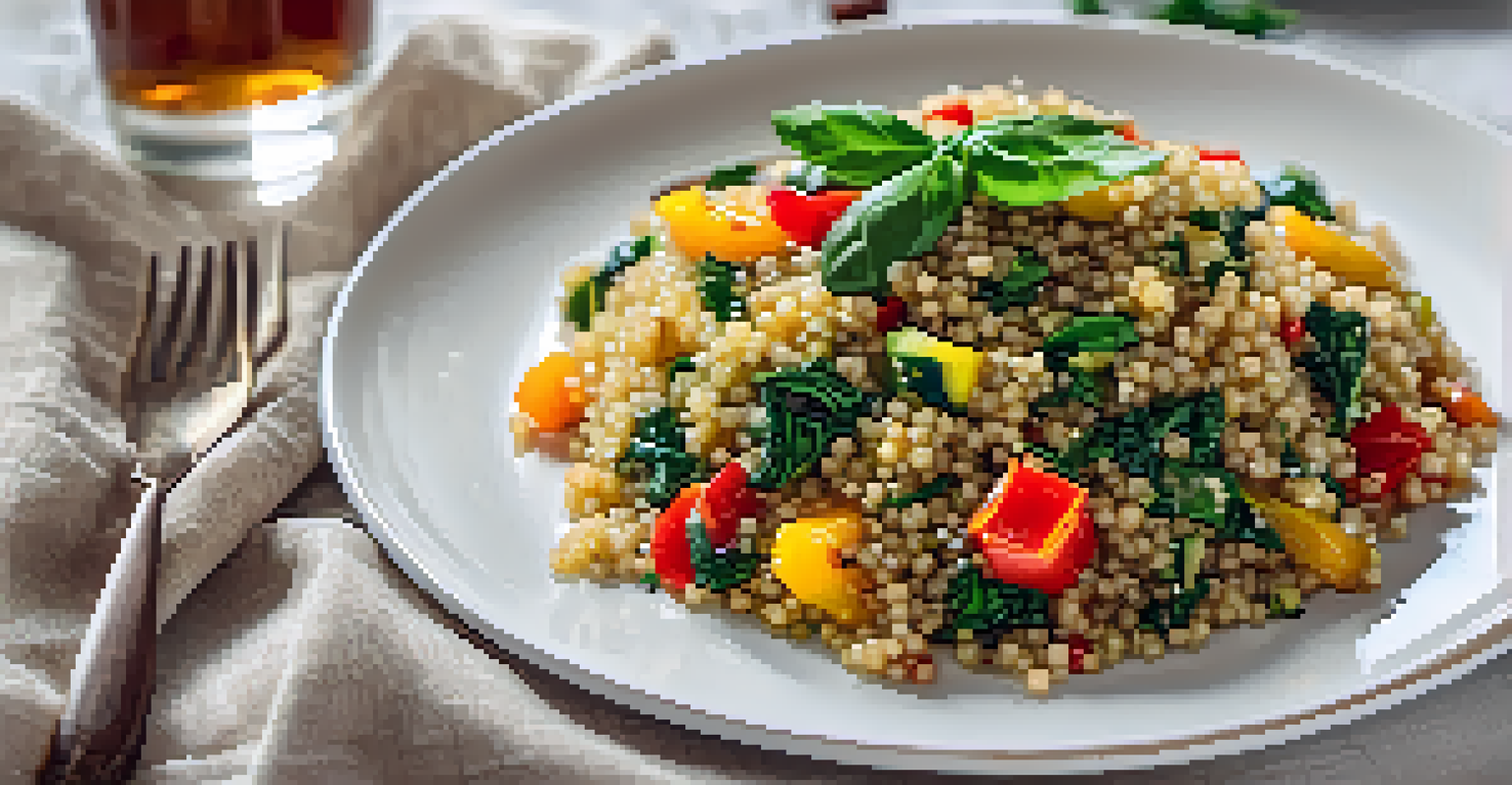 A white plate featuring a warm quinoa dish with sautéed vegetables and fresh herbs, accompanied by a glass of water and a linen napkin.