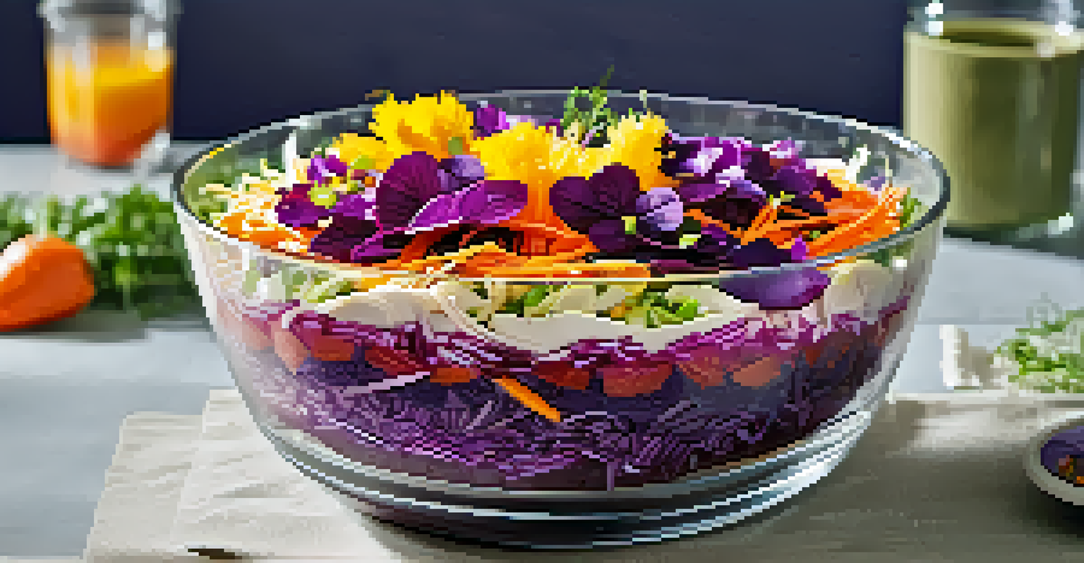 A clear glass bowl filled with a colorful rainbow salad featuring shredded vegetables and edible flowers, drizzled with dressing.