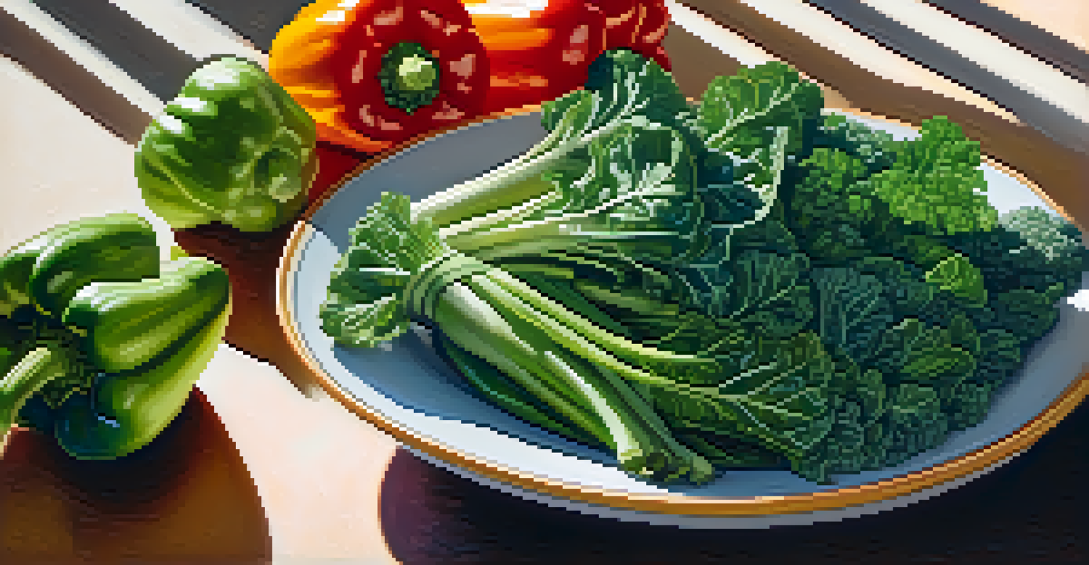 A close-up of a bowl containing fresh kale, bok choy, and bell peppers, with sesame seeds sprinkled on top, illuminated by natural sunlight.