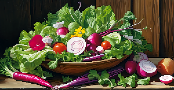A colorful raw salad with fresh vegetables and edible flowers on a wooden table, illuminated by sunlight.