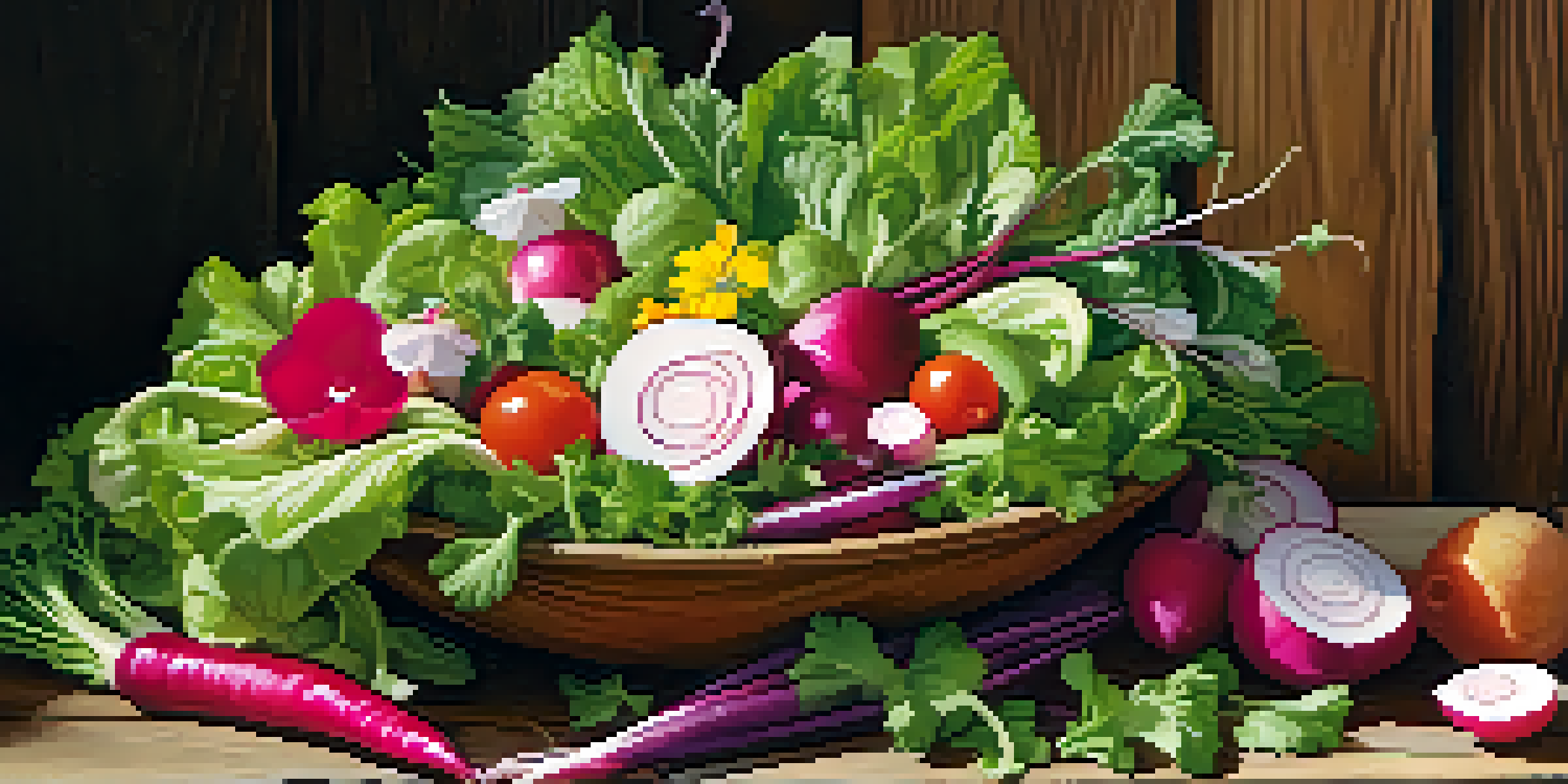 A colorful raw salad with fresh vegetables and edible flowers on a wooden table, illuminated by sunlight.