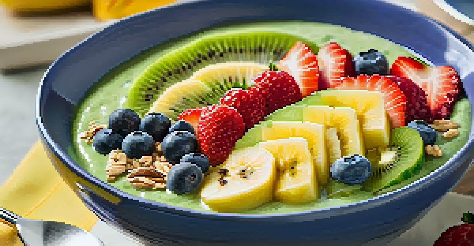 A close-up of a colorful smoothie bowl topped with kiwi, blueberries, strawberries, and banana, with granola sprinkled on top.