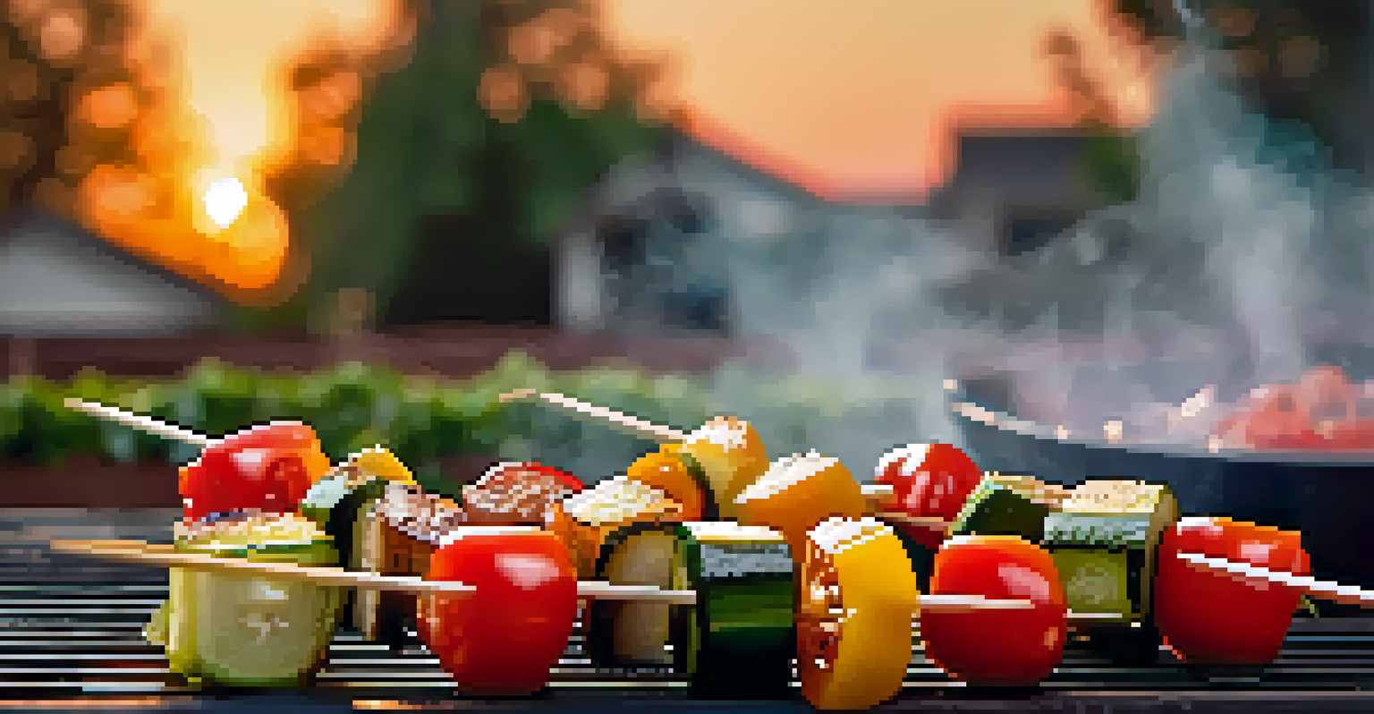 Close-up of skewers with marinated vegetables, ready for grilling, set against a warm outdoor backdrop.