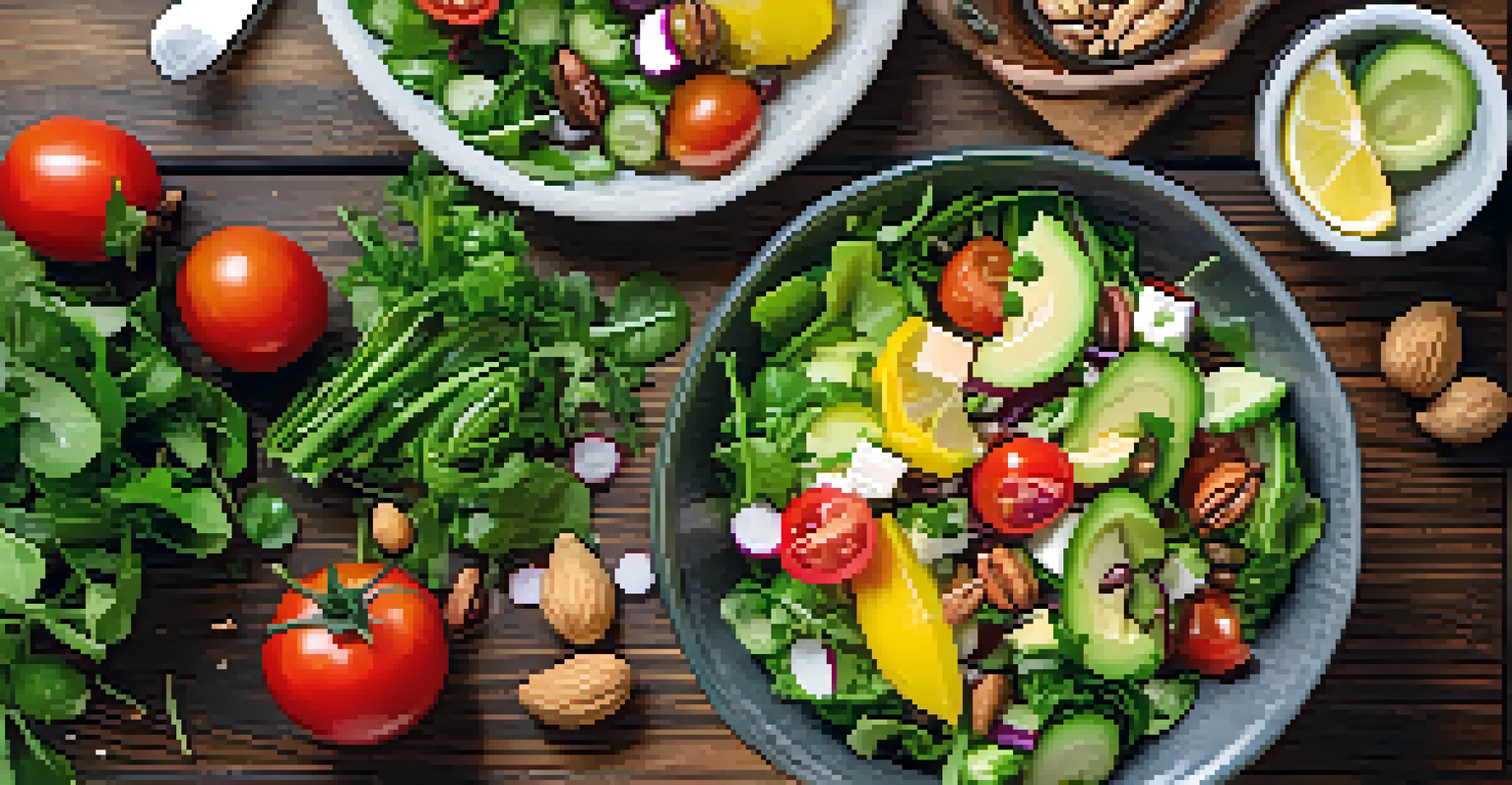 An overhead view of a colorful raw vegetable salad in a glass bowl, with ingredients like avocado and nuts around it on a wooden table.