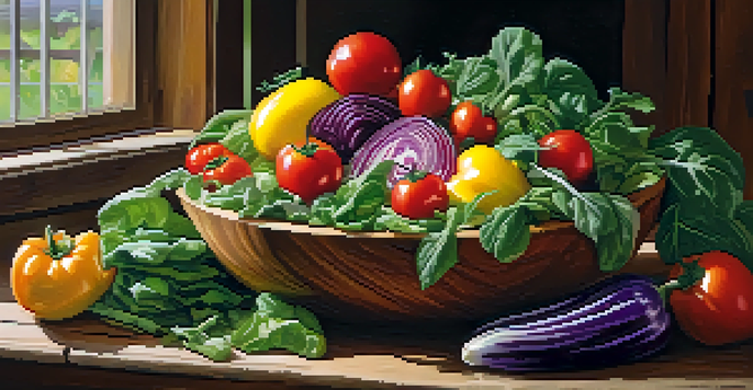 A colorful salad bowl filled with fresh fruits and vegetables on a rustic table, illuminated by natural light.