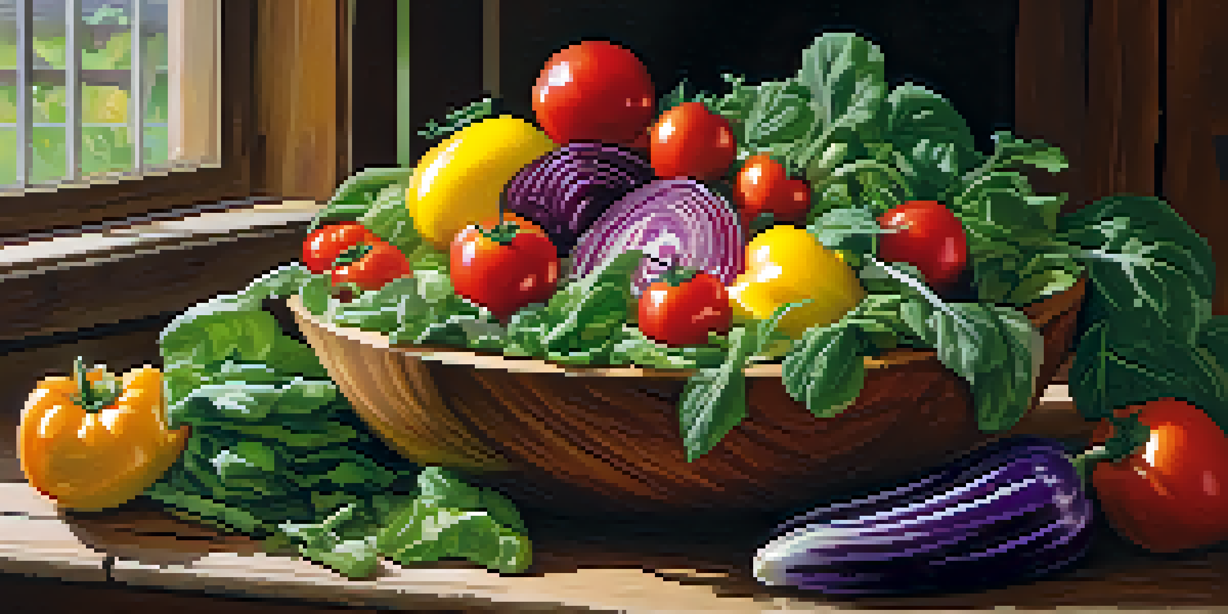 A colorful salad bowl filled with fresh fruits and vegetables on a rustic table, illuminated by natural light.