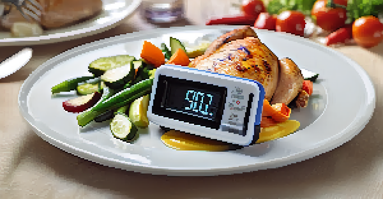A food thermometer in a cooked chicken breast on a plate, highlighting safe cooking practices.