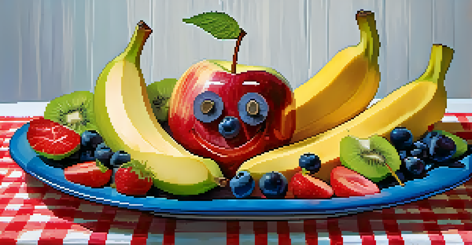 A playful arrangement of raw fruits and vegetables shaped into a smiling face on a white plate, set against a colorful background.
