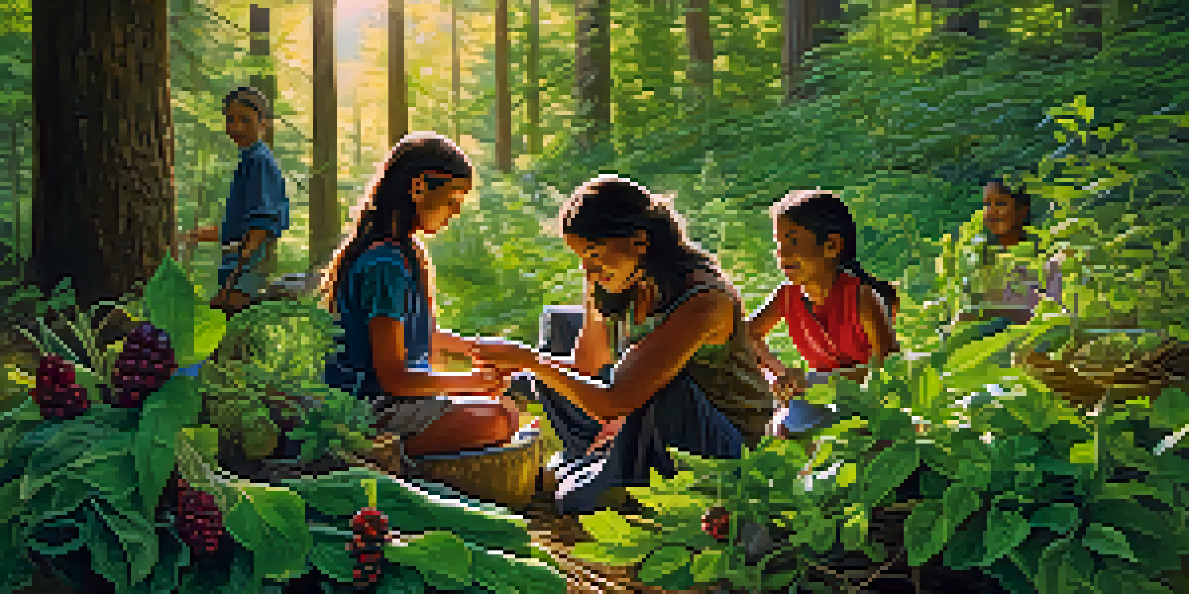 A Native American family foraging for wild edibles in a lush forest, surrounded by green foliage and colorful berries, with sunlight filtering through the trees.