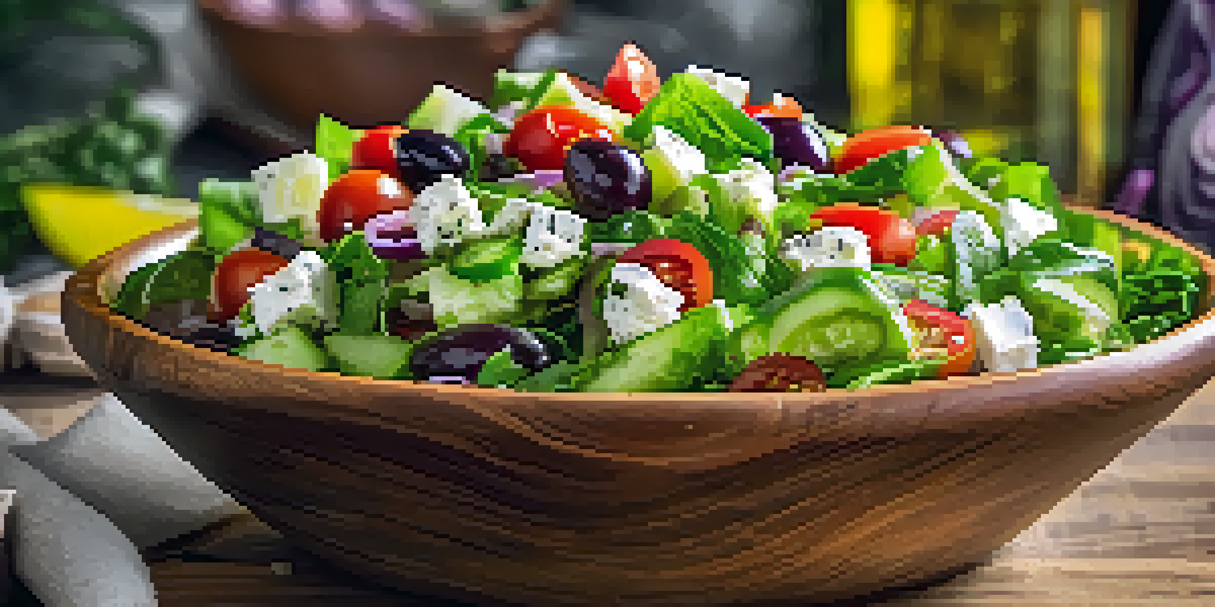 A colorful Mediterranean raw salad with lettuce, cucumbers, tomatoes, onions, olives, and feta cheese in a wooden bowl, garnished with herbs.