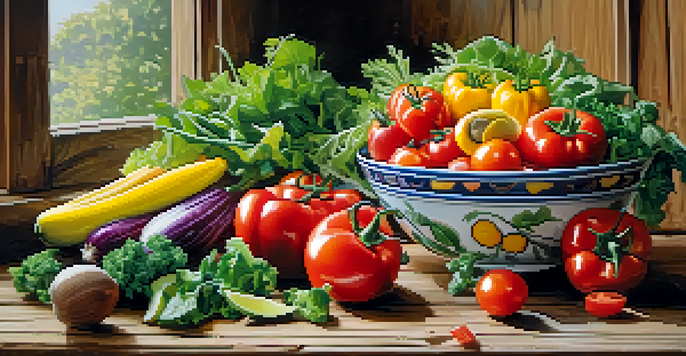 A colorful salad bowl filled with fresh raw vegetables and fruits, placed on a rustic wooden table with natural light illuminating the ingredients.