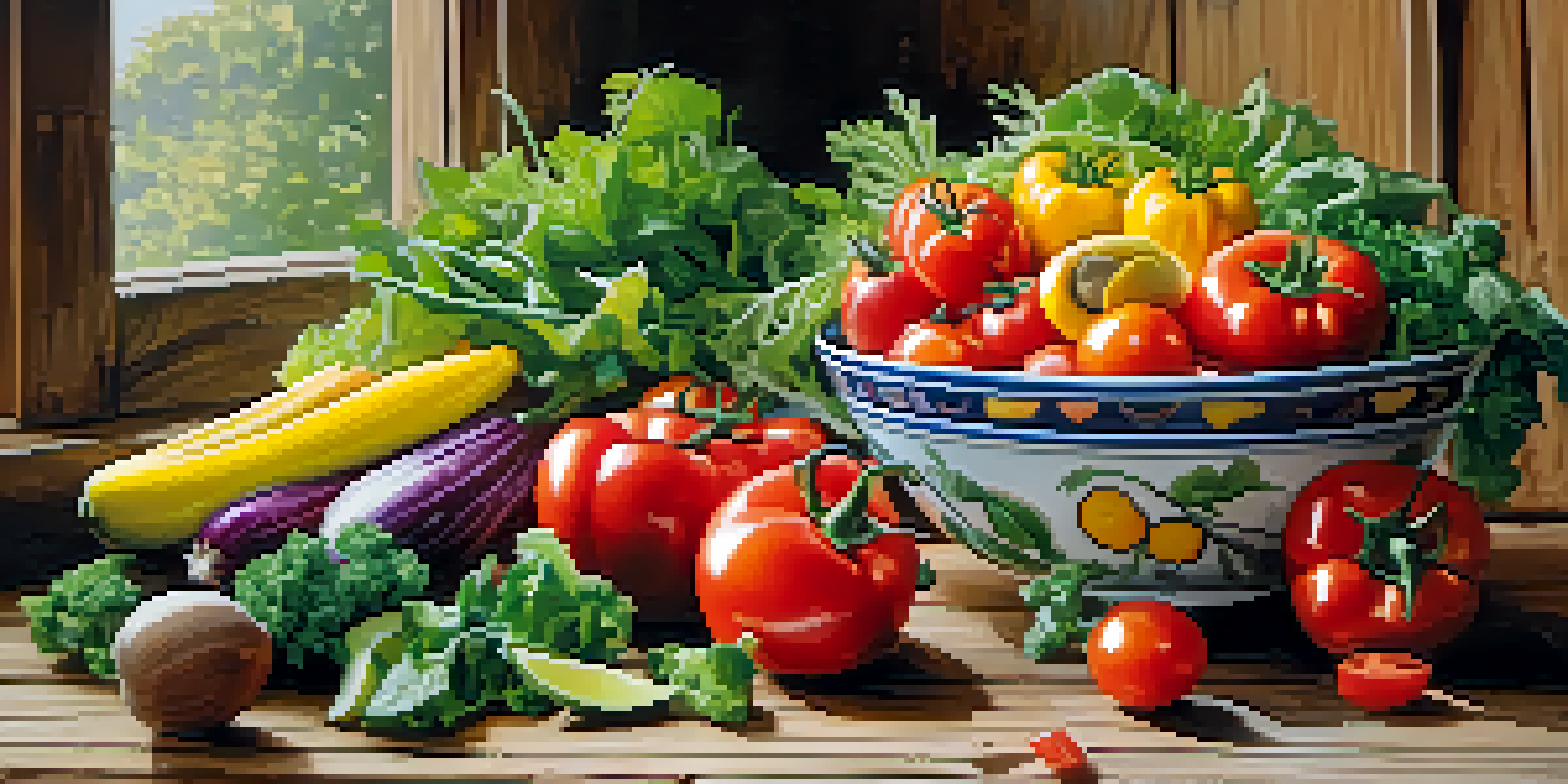 A colorful salad bowl filled with fresh raw vegetables and fruits, placed on a rustic wooden table with natural light illuminating the ingredients.