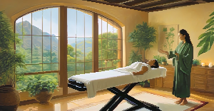 A woman practicing Reiki on a young man in a softly lit, tranquil room with nature-themed decorations and plants.