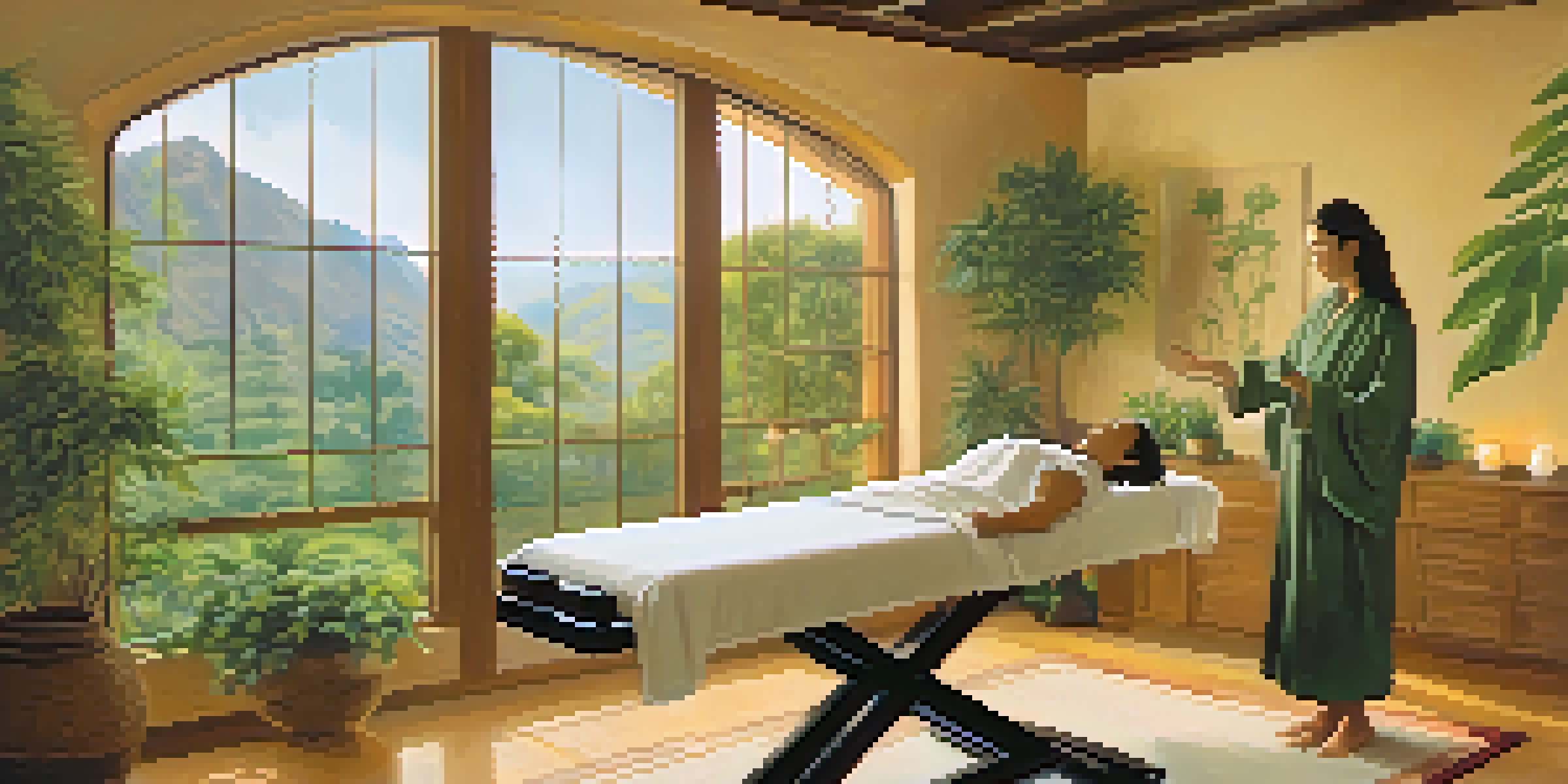 A woman practicing Reiki on a young man in a softly lit, tranquil room with nature-themed decorations and plants.