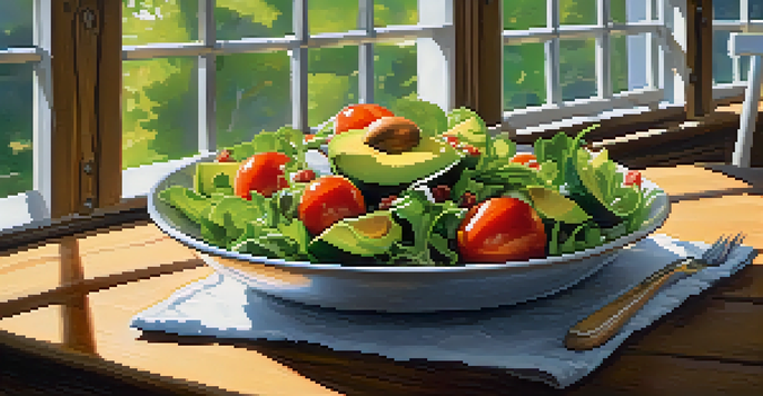 A colorful salad with leafy greens, tomatoes, and avocados, illuminated by soft sunlight on a wooden table.