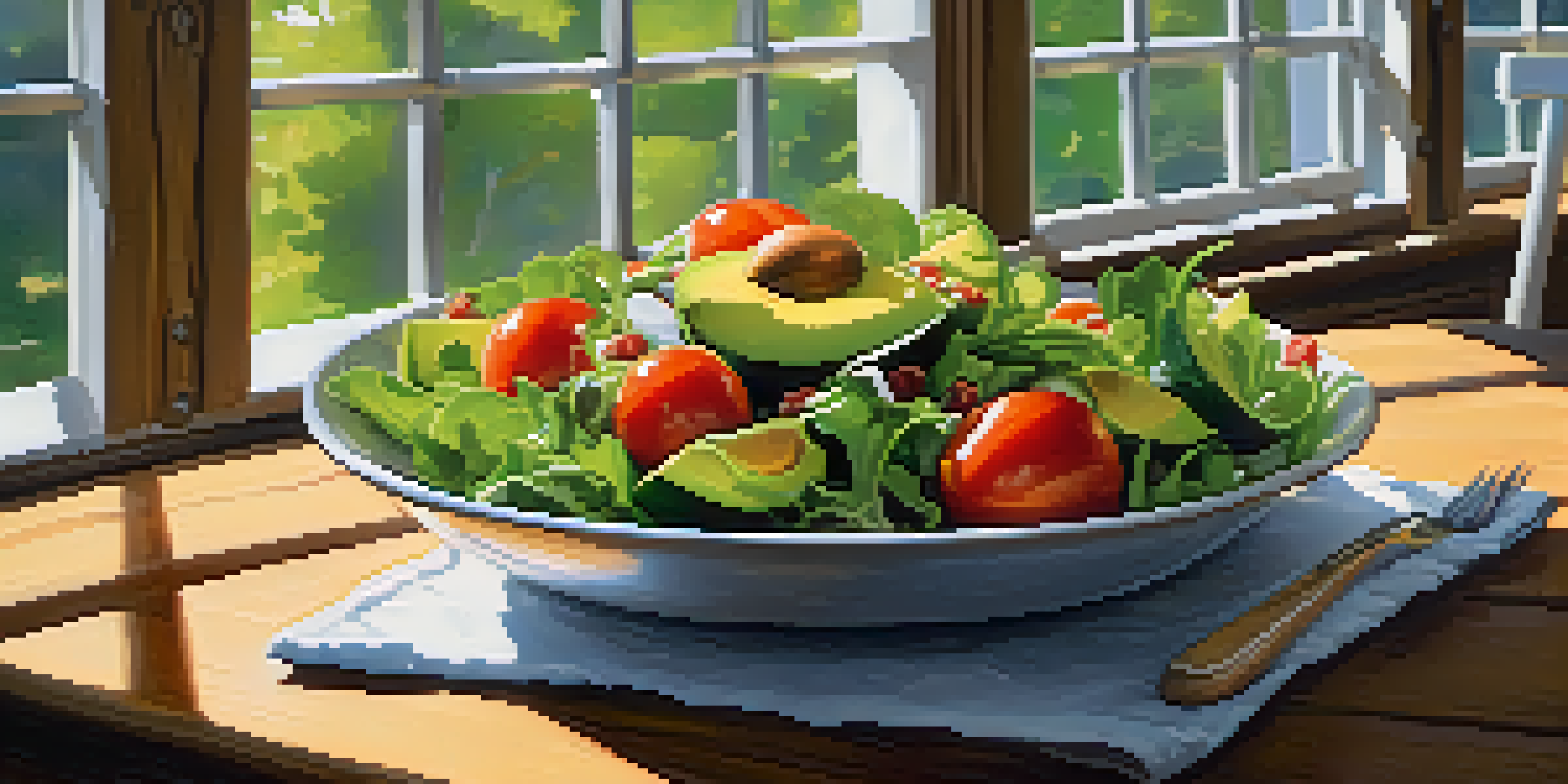 A colorful salad with leafy greens, tomatoes, and avocados, illuminated by soft sunlight on a wooden table.