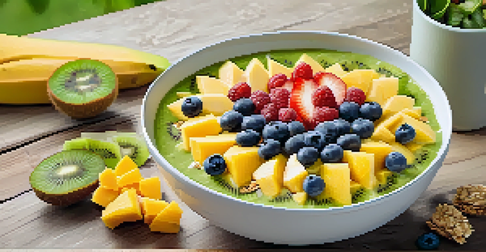 A colorful tropical smoothie bowl topped with fruits and granola, set on a wooden table with greenery in the background.