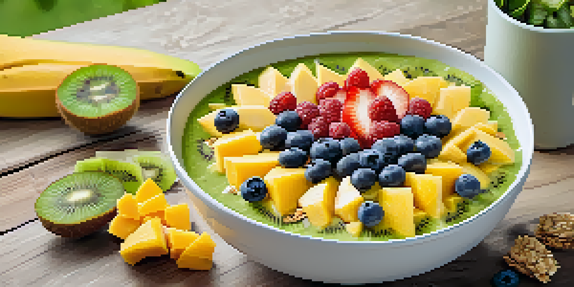 A colorful tropical smoothie bowl topped with fruits and granola, set on a wooden table with greenery in the background.