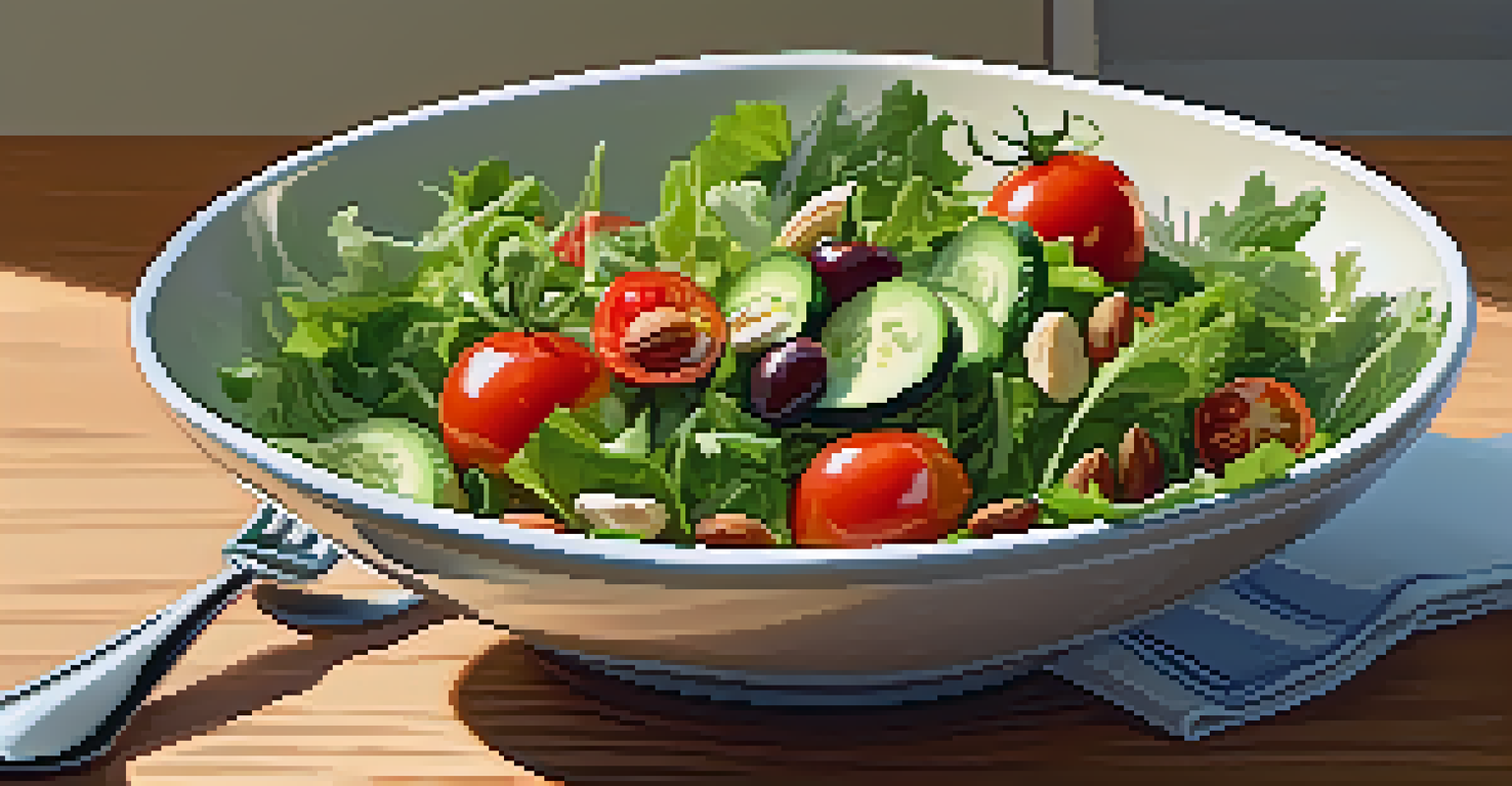 A vibrant raw salad bowl filled with greens, cherry tomatoes, and nuts, with a fork beside it on a sunlit kitchen table.