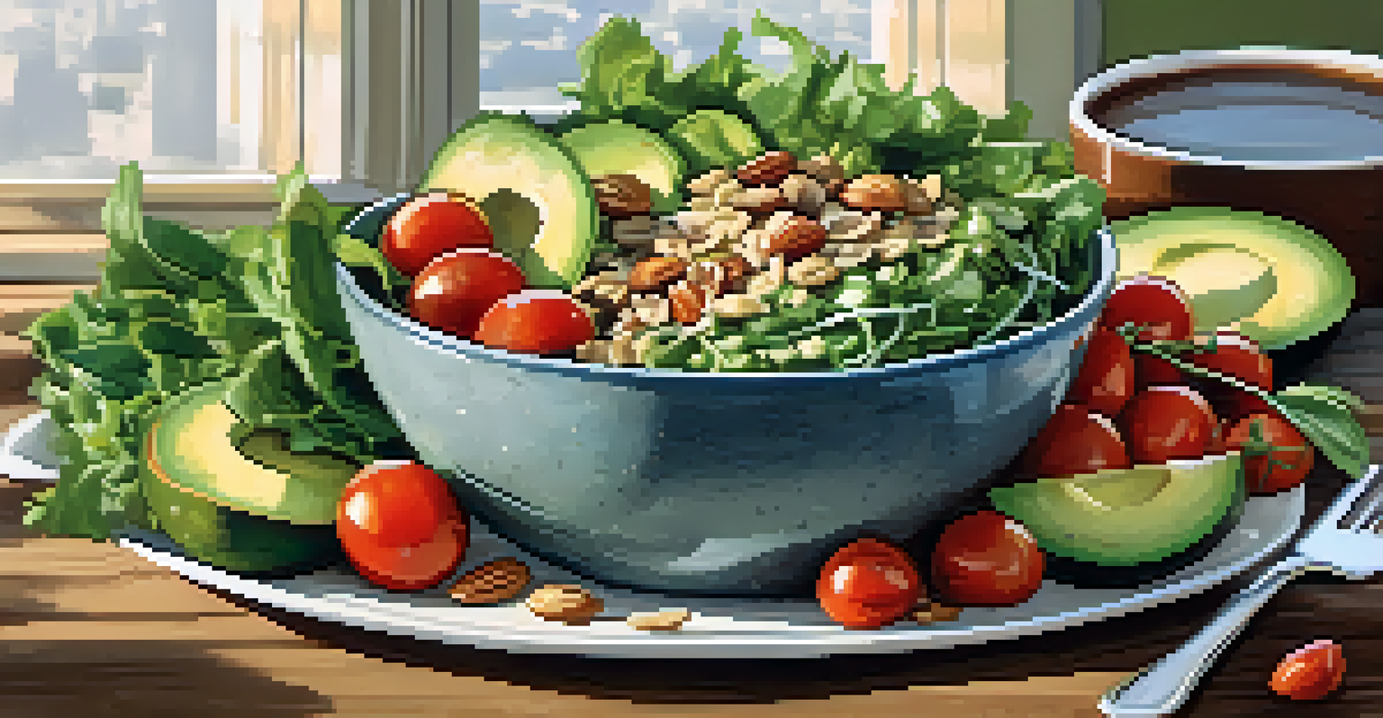 A large bowl of mixed greens salad with cucumbers, tomatoes, and nuts, surrounded by fresh ingredients.