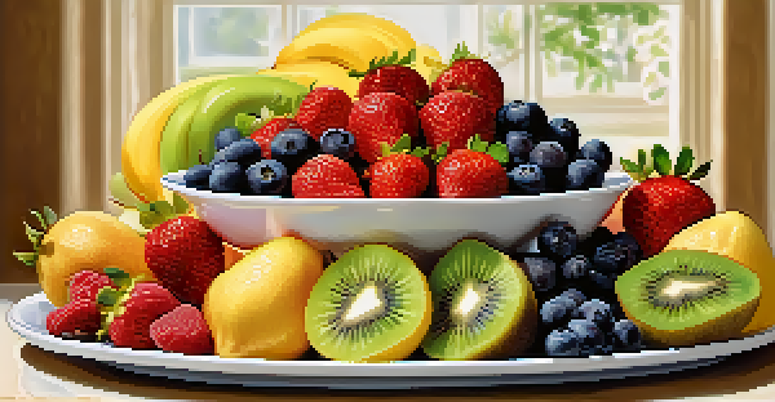 A colorful assortment of fresh fruits arranged on a white plate, set against a light wooden background.