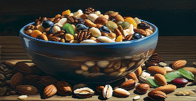 A colorful bowl of trail mix made of various nuts, seeds, and dried fruits on a wooden table with natural light.