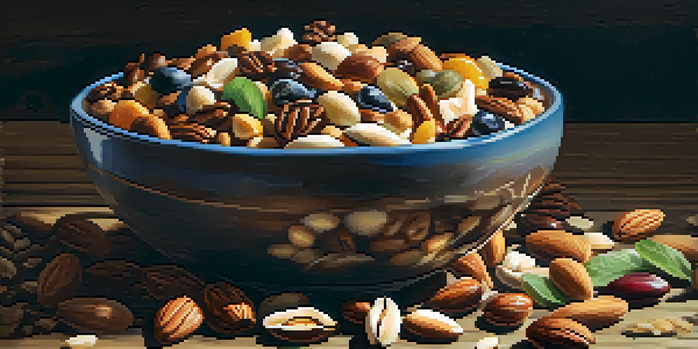 A colorful bowl of trail mix made of various nuts, seeds, and dried fruits on a wooden table with natural light.