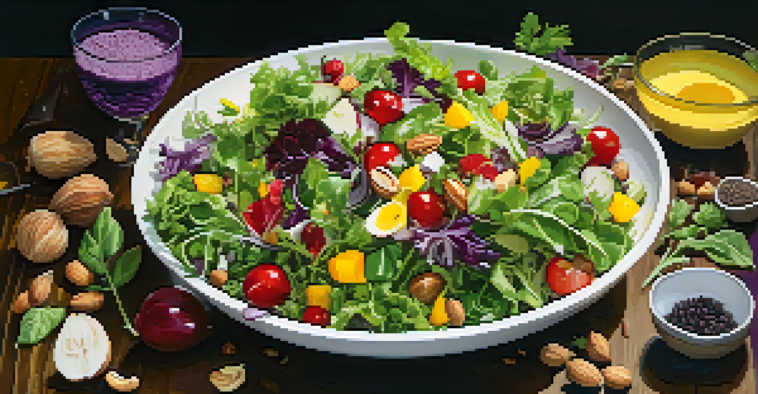 An overhead view of a colorful raw salad in a white bowl, showcasing an array of fresh greens, reds, yellows, and purples against a dark wooden table.