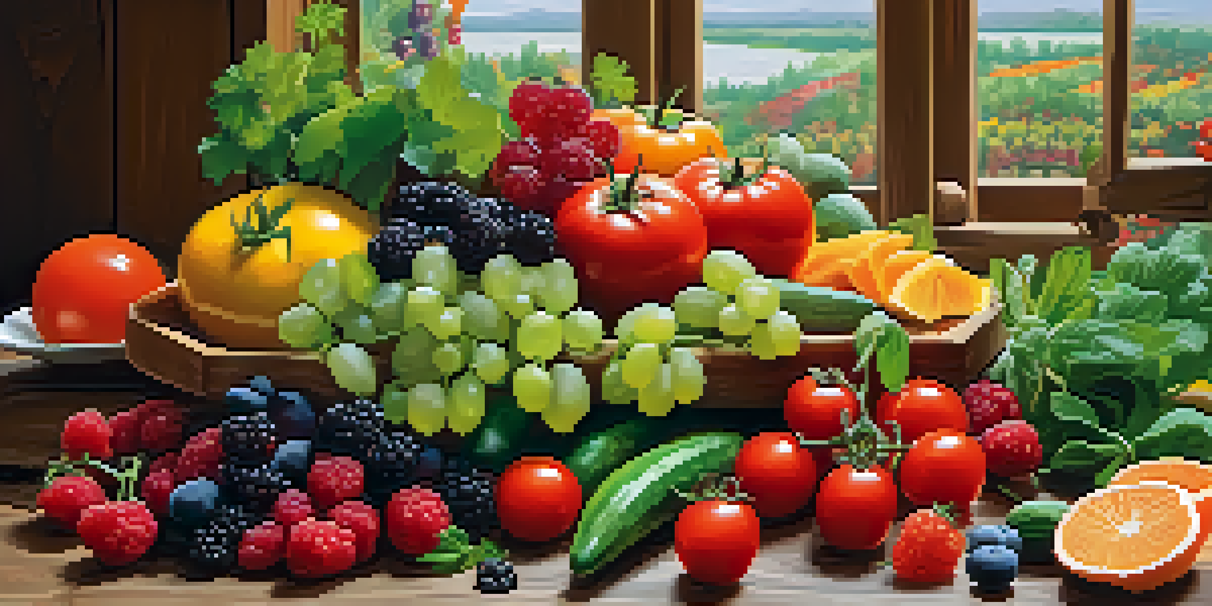 A colorful raw food platter with seasonal fruits and vegetables on a wooden table, illuminated by soft natural light.
