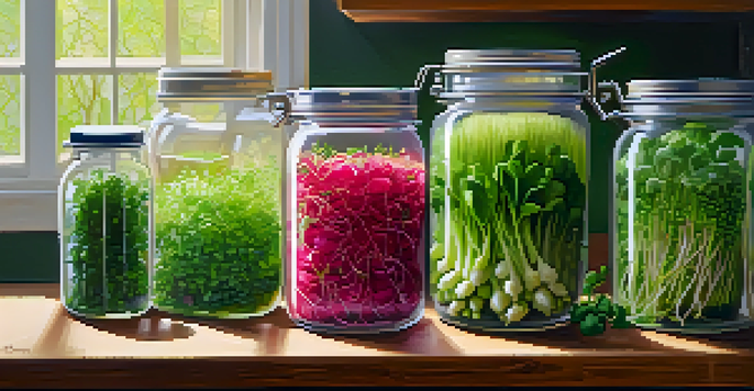 A sunny kitchen with jars of fresh sprouts and colorful vegetables on a wooden countertop.