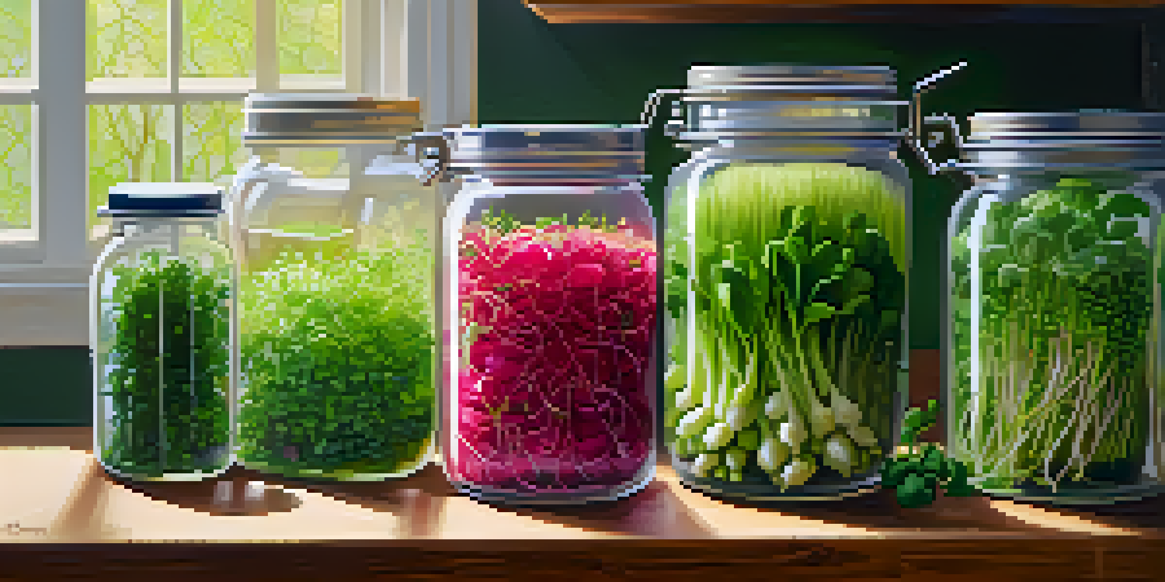 A sunny kitchen with jars of fresh sprouts and colorful vegetables on a wooden countertop.