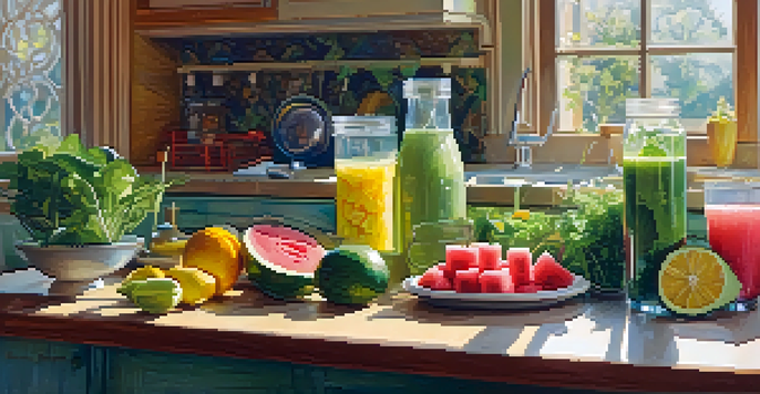A bright kitchen countertop displaying fresh fruits and vegetables with a glass of infused water and a blender, illuminated by natural light.
