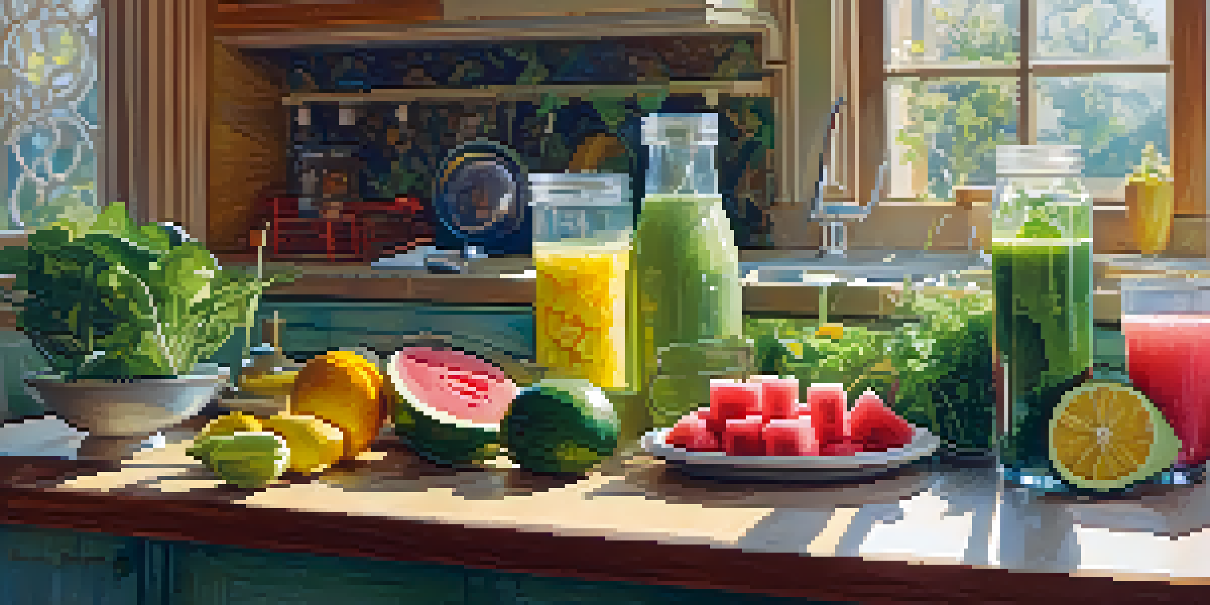 A bright kitchen countertop displaying fresh fruits and vegetables with a glass of infused water and a blender, illuminated by natural light.