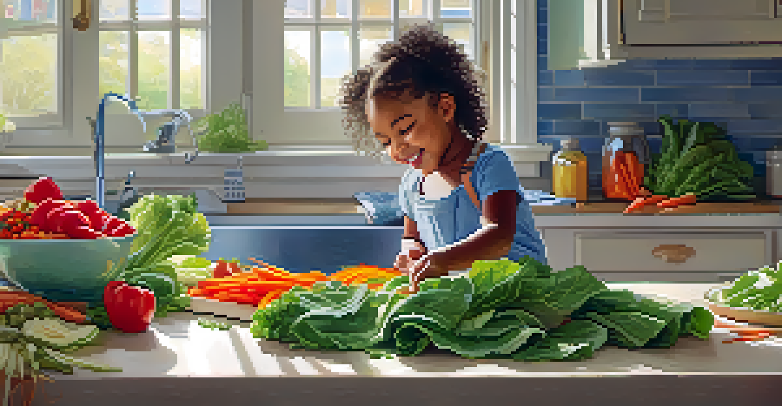 A joyful child making raw veggie wraps in a bright kitchen with fresh vegetables and greens on the countertop.