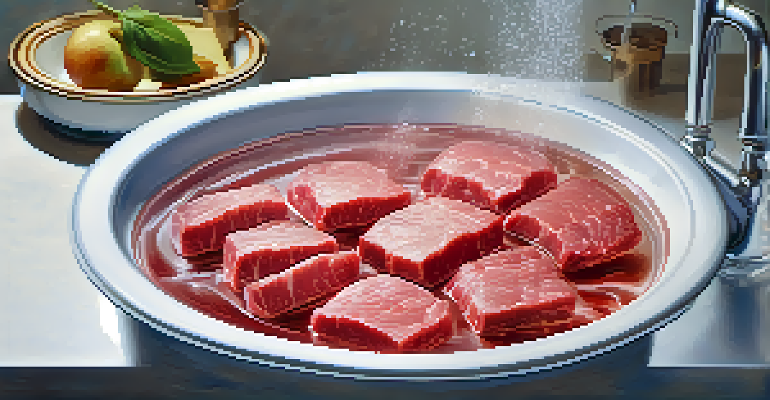 A close-up of raw meat thawing in a bowl of cold water with ice cubes, highlighting safe thawing techniques.