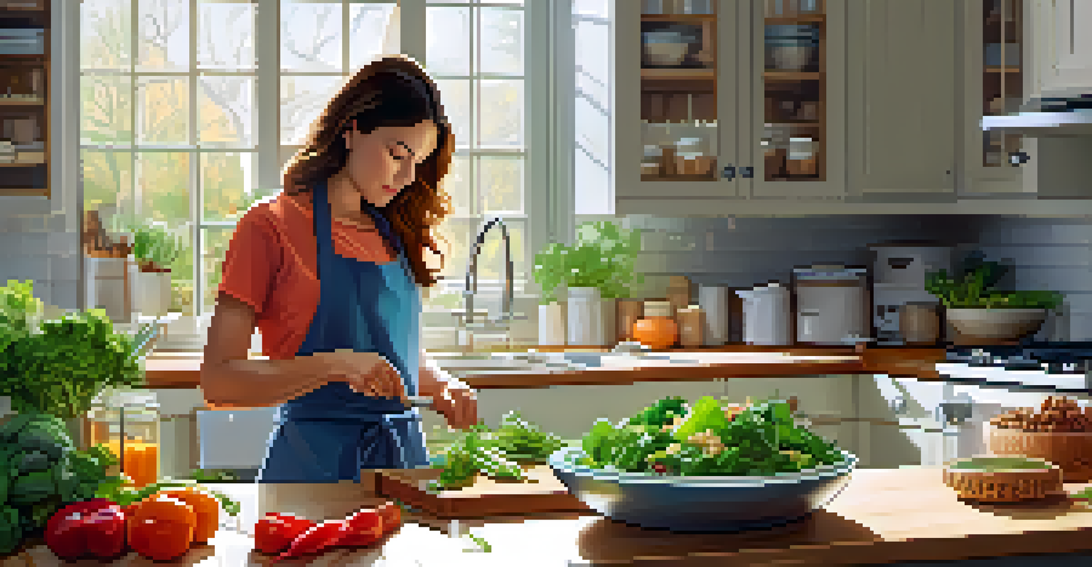 A person preparing a raw food salad in a bright kitchen, surrounded by colorful vegetables and herbs.