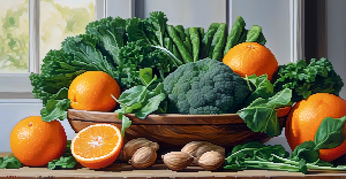A colorful assortment of raw vegetables, fruits, nuts, and seeds displayed on a wooden table in natural light.
