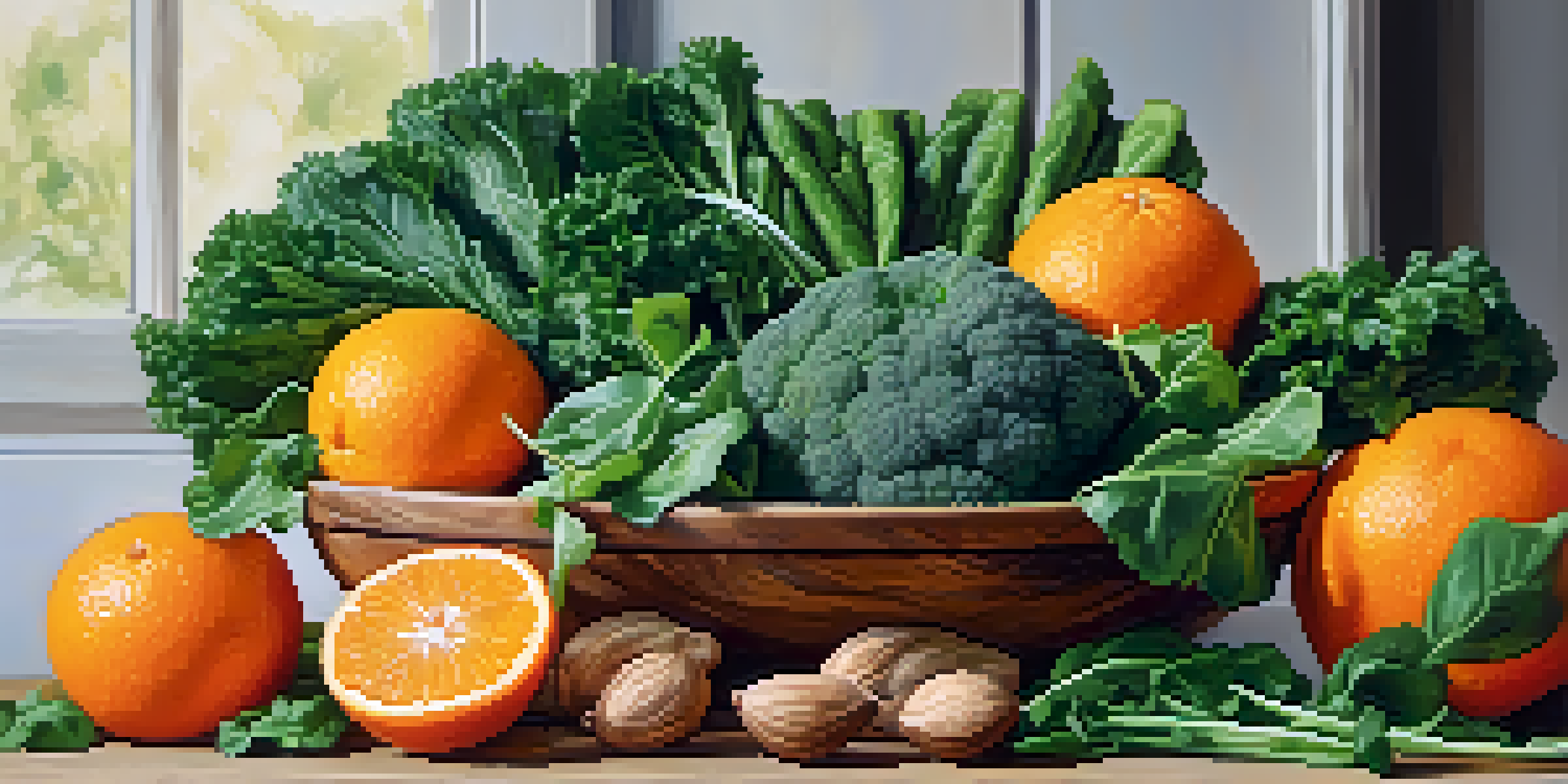 A colorful assortment of raw vegetables, fruits, nuts, and seeds displayed on a wooden table in natural light.