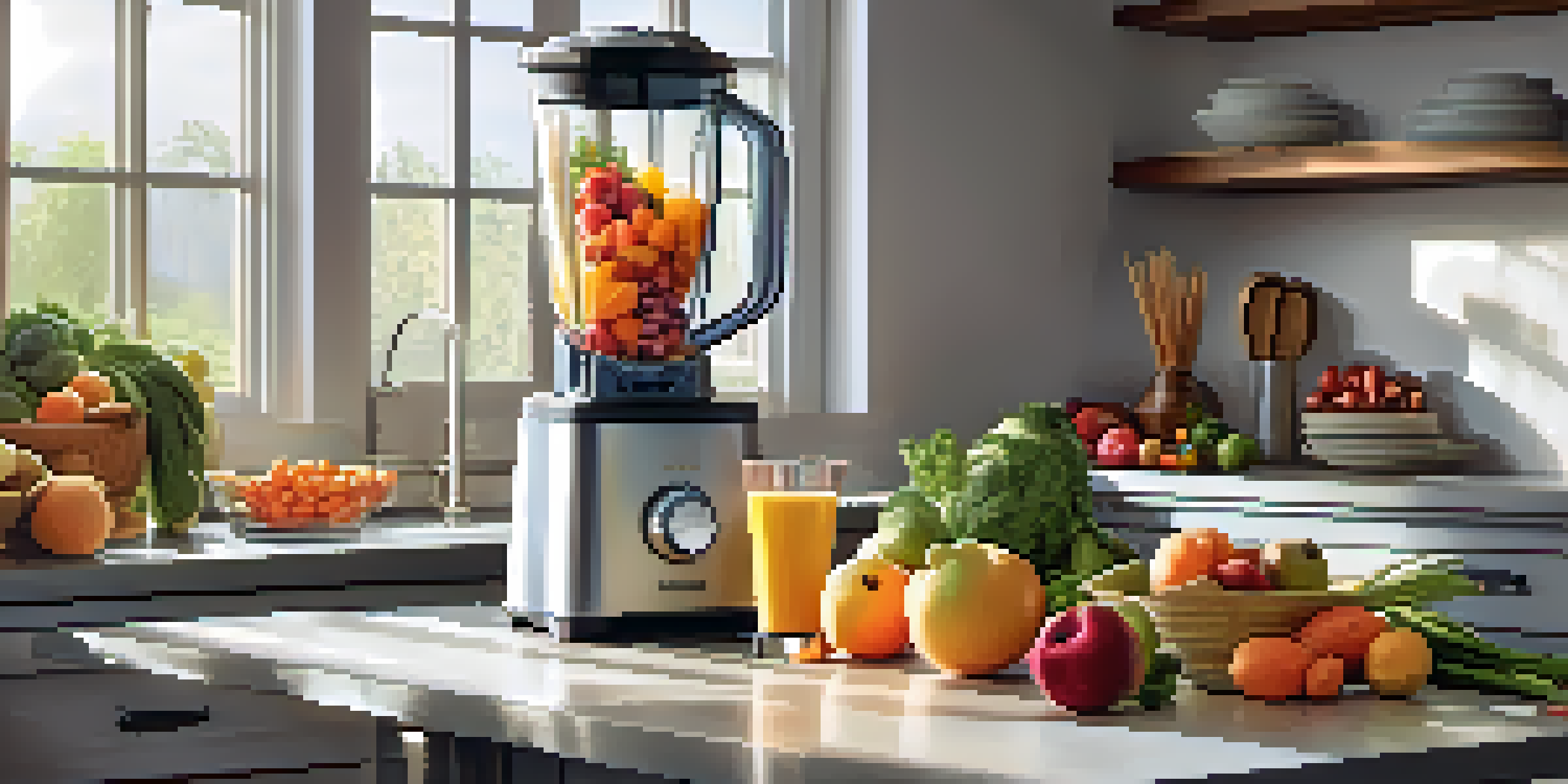 A sunny kitchen with a high-quality blender and colorful fruits and vegetables on the countertop.