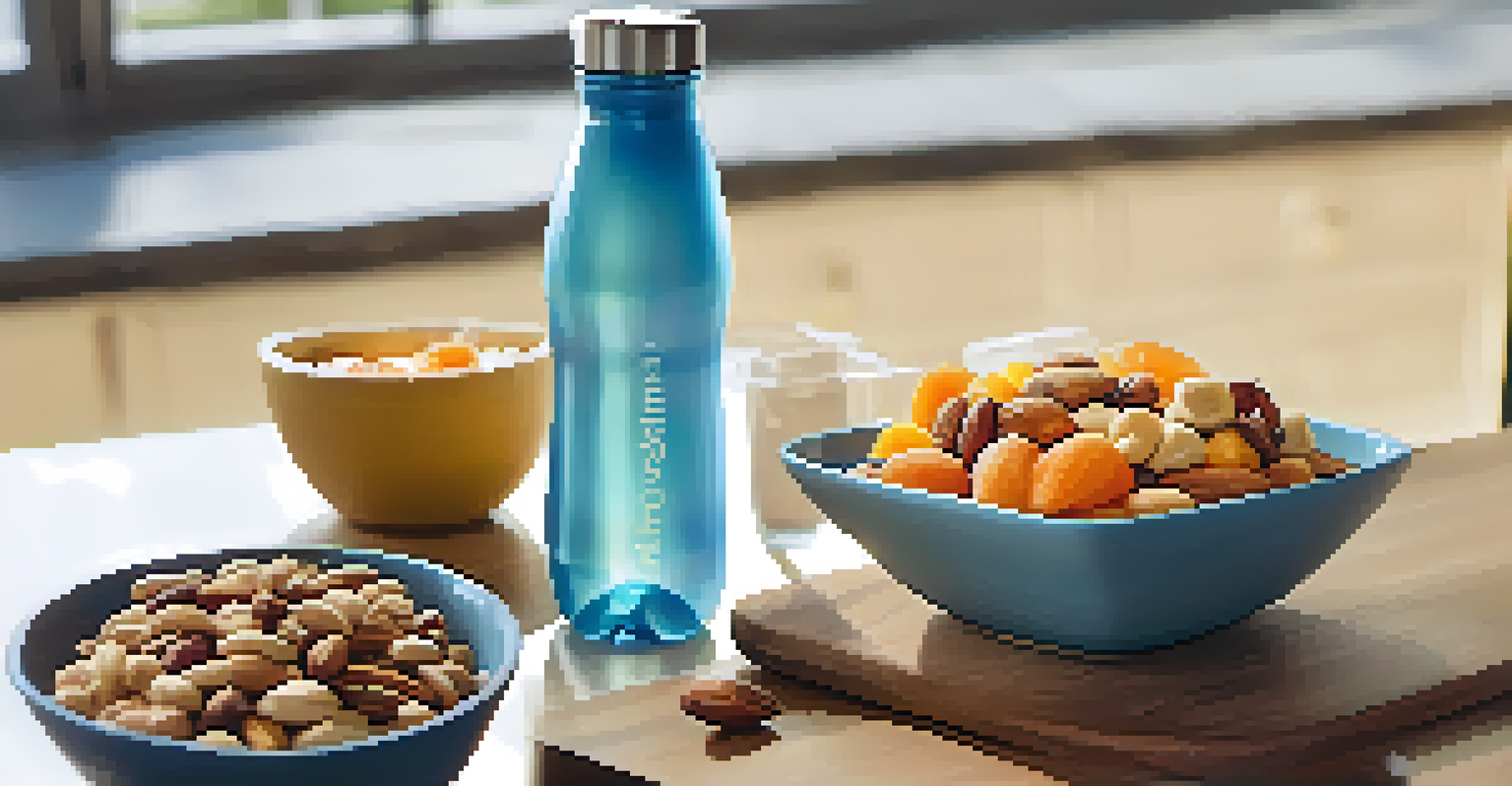 A reusable water bottle next to a bowl of mixed raw snacks, highlighting hydration and healthy eating, with bright lighting.