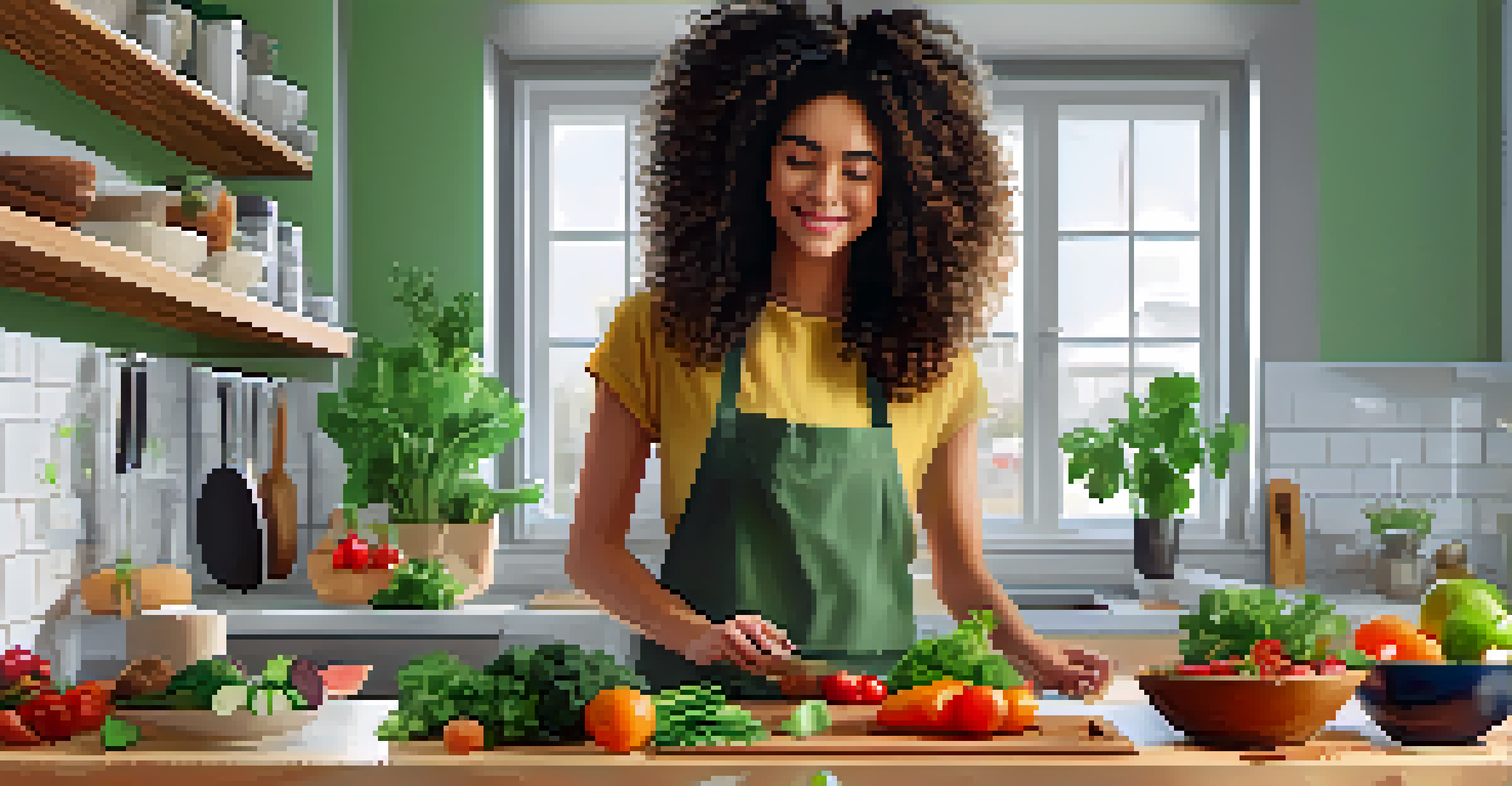 A young woman preparing a raw food dish in a bright kitchen, with colorful vegetables and fruits around.