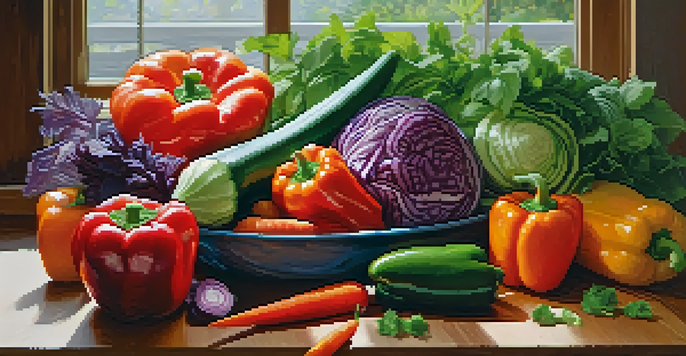 A colorful platter of raw vegetables including bell peppers, cabbage, cucumbers, and carrots arranged on a wooden table with natural light.