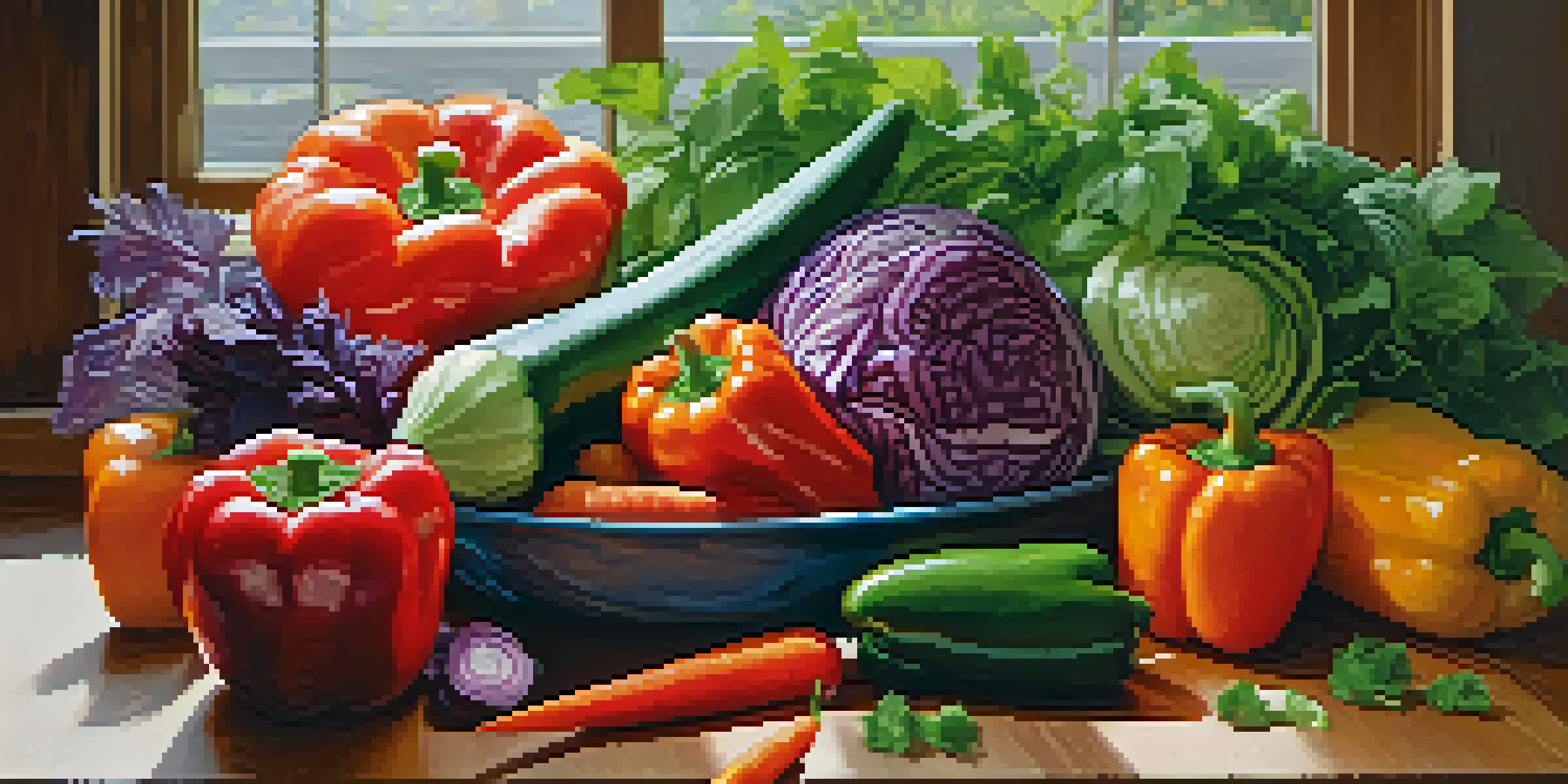 A colorful platter of raw vegetables including bell peppers, cabbage, cucumbers, and carrots arranged on a wooden table with natural light.