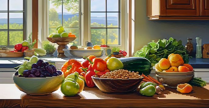 A bright kitchen filled with fresh fruits and vegetables on a wooden countertop, with a window allowing sunlight in.