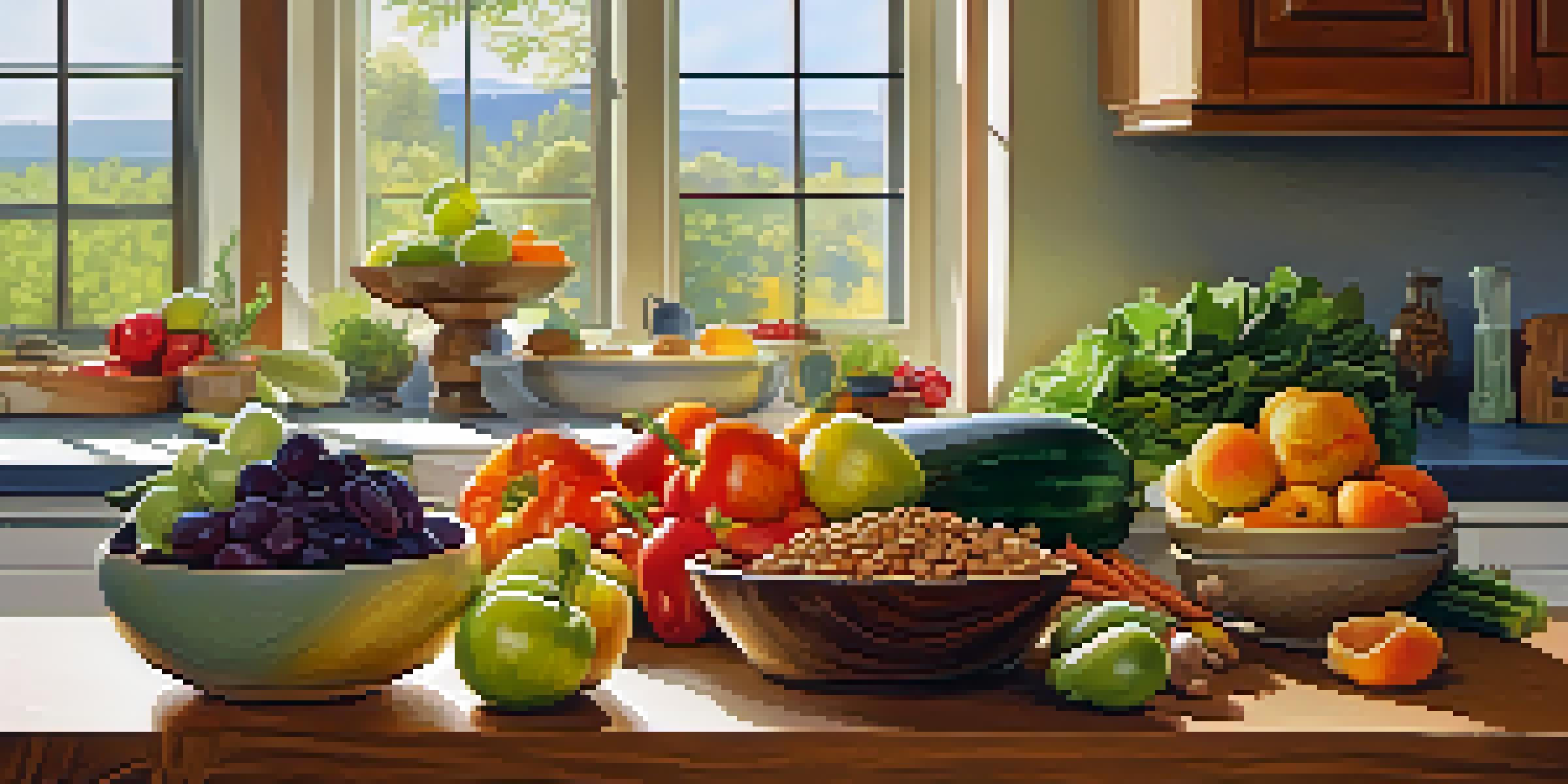 A bright kitchen filled with fresh fruits and vegetables on a wooden countertop, with a window allowing sunlight in.