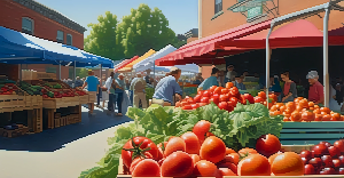 A bustling farmers' market with colorful fruits and vegetables, people shopping, and sunlight filtering through the awning.