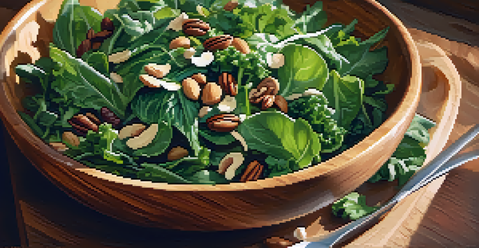 A close-up of a colorful raw food salad in a wooden bowl, showcasing leafy greens, nuts, and seeds with sunlight filtering through.