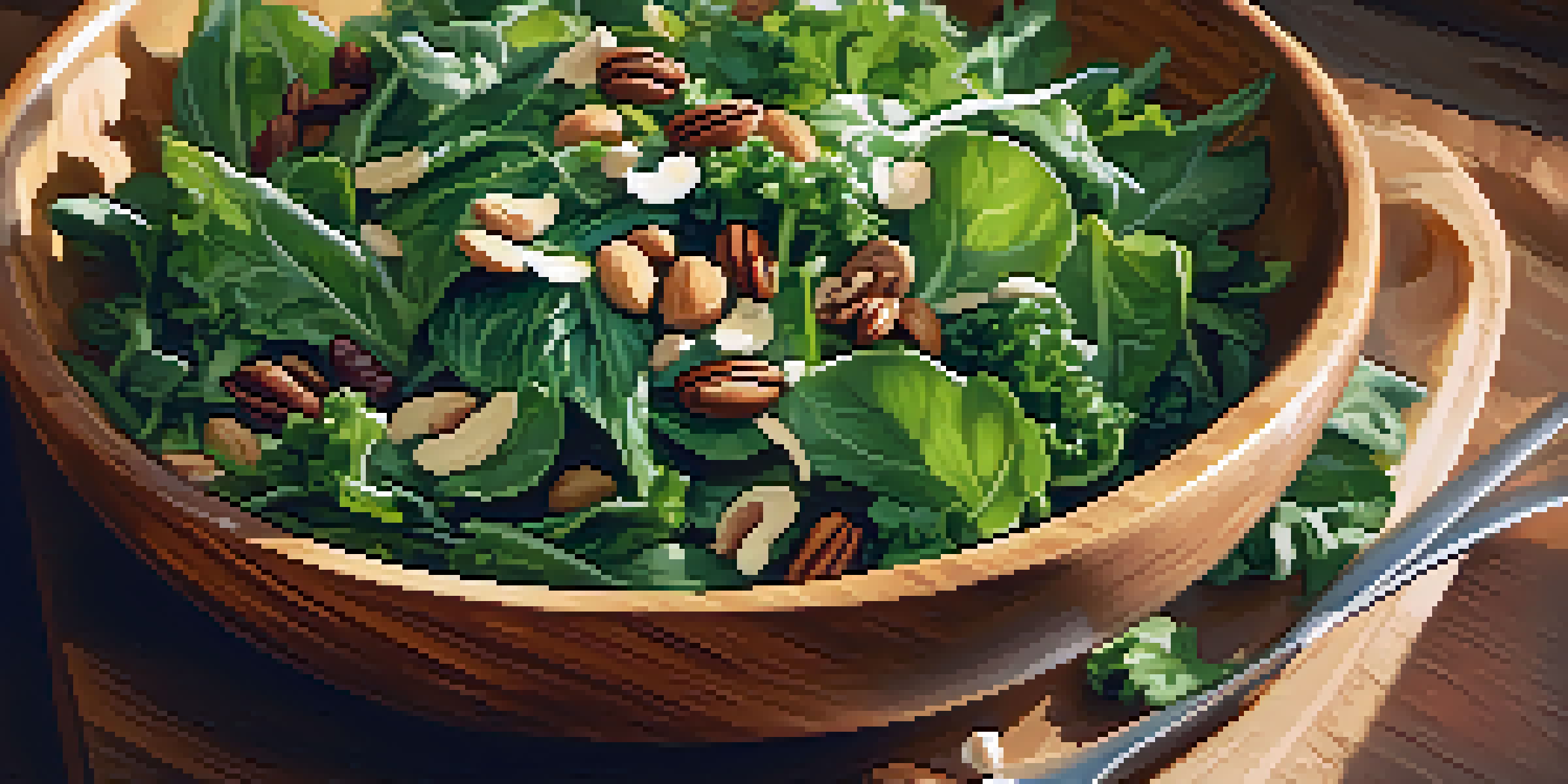 A close-up of a colorful raw food salad in a wooden bowl, showcasing leafy greens, nuts, and seeds with sunlight filtering through.