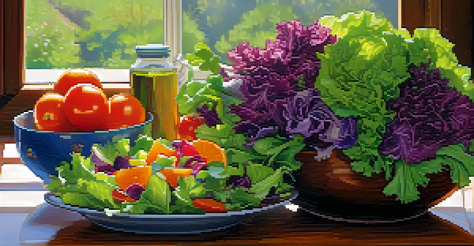 A colorful salad beautifully arranged on a wooden table, with various fresh vegetables and a vase of flowers in the background.