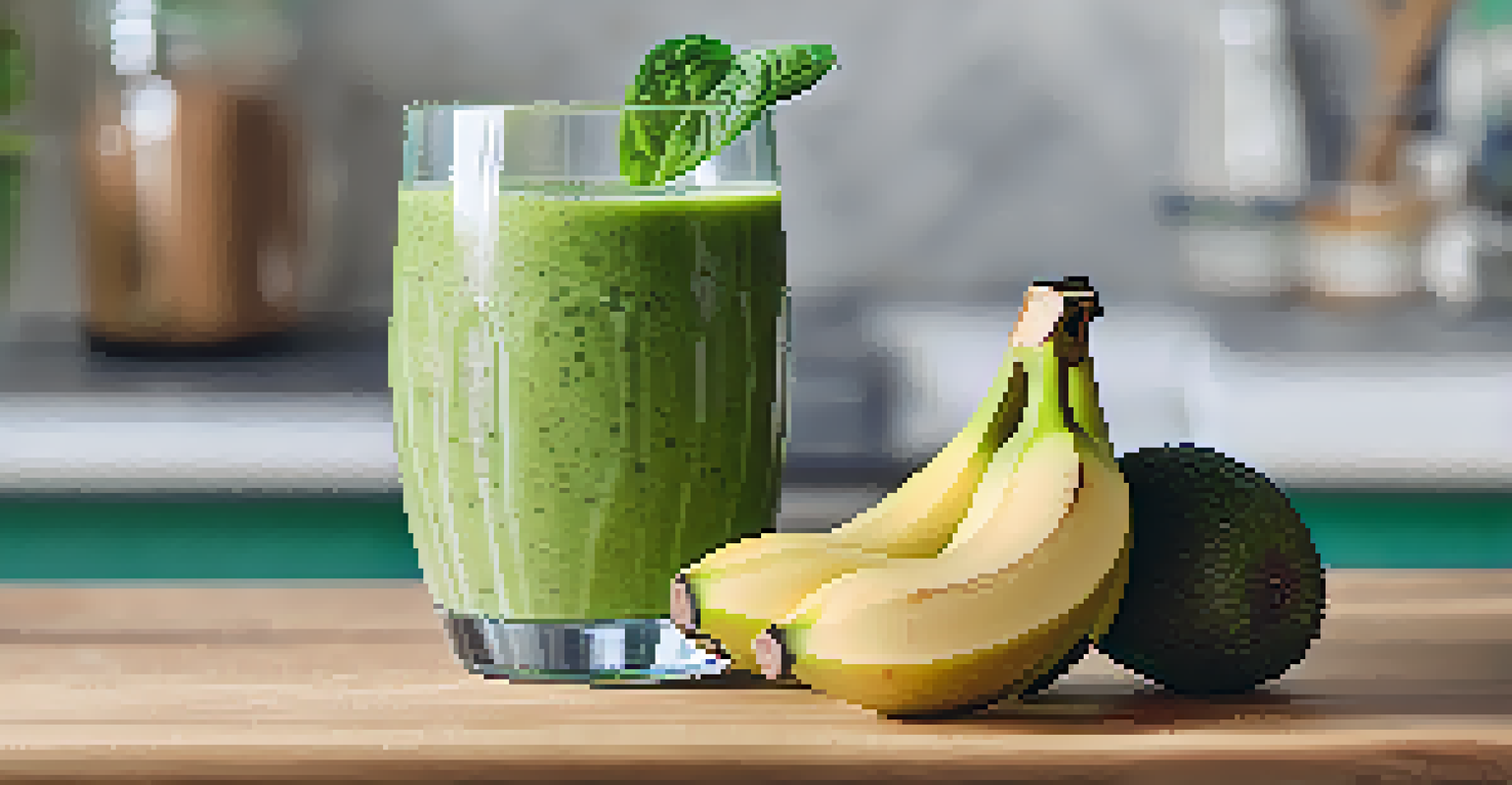A close-up view of a green smoothie topped with chia seeds and a slice of kiwi, set against a softly blurred kitchen background.